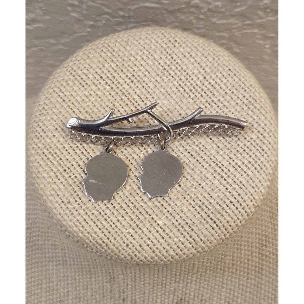 Vintage Elco‎ Sterling Silver Family Tree Pin Brooch With Two Engraved Heads